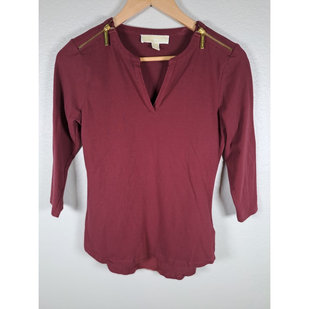 Michael Michael Kors Burgundy Gold Zipper Shoulder Split Neck Top XS